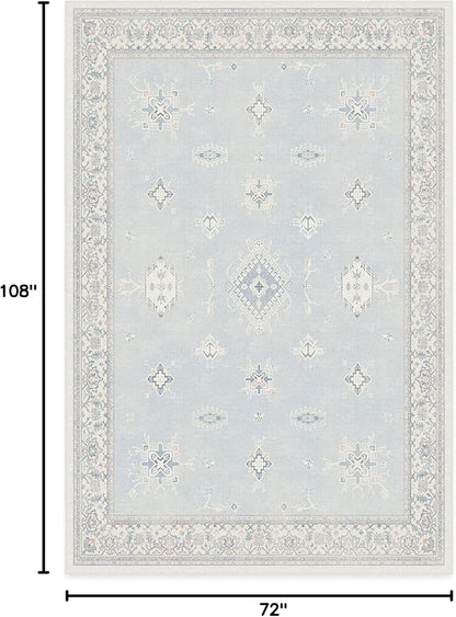 RUGGABLE Washable Vintage Area Rug – Verena Soft Blue 6x9, Stain-Resistant, Non-Slip – Medium Machine Washable Rugs for Living Room, Bedroom, Hallway, Entryway & Office–with Standard Pad