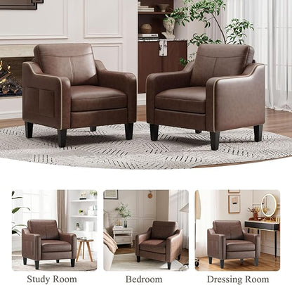PU Leather Accent Chair, Mid-Century Modern Living Room Armchair Sofa with Removable Cushions, Solid Wood Frame & Stitched Armrest Design, Bedroom Chair with Plastic Legs, Chocolate Brown
