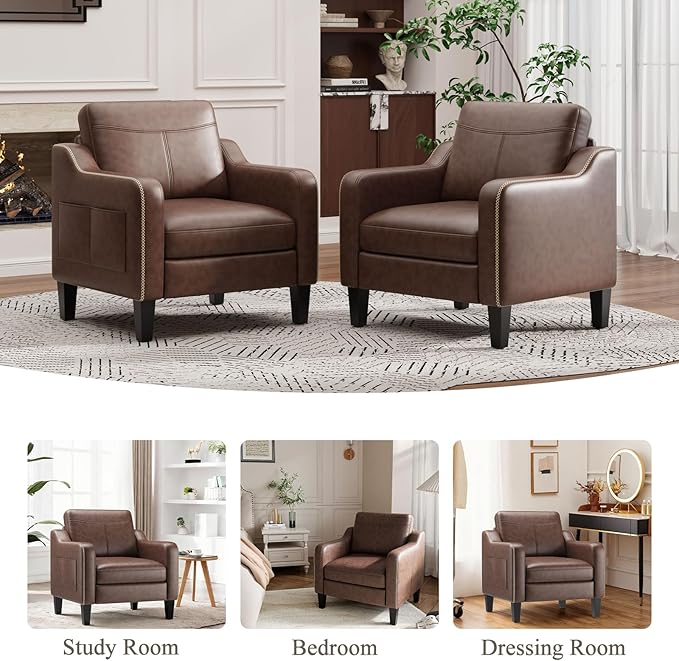 PU Leather Accent Chair Set of 2, Mid-Century Modern Living Room Armchair Sofa with Removable Cushions & Stitched Armrest Design, Bedroom Chair with Plastic Legs, Chocolate Brown