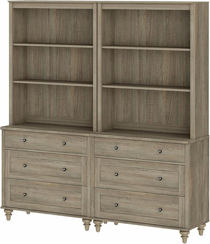 WAMPAT 3 Tier Bookshelf with 6 Wooden Drawers, 72" Tall Large Farmhouse Display Bookcase with Open Book Shelves, Mid Century Style Bookshelves for Living Room, Bedroom, Study Room, Wash Grey (2PCS)