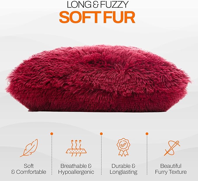 Cheer Collection Throw Pillows for Couch and Bed, Soft Shaggy Throw Pillows with Inserts Included, Cozy Long Hair Faux Fur Pillows - Set of 2-18" x 18" - Maroon