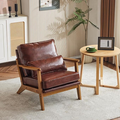 VINGLI Solid Wood Wide Armrests Accent Chair,Upholstered Mid Century Modern Chair with Pillow,Comfy Reading Chair Farmhouse Arm Chair,Chairs Living Room,Bedroom,Guest Room,PU Leather,Dark Brown