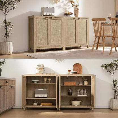 SICOTAS Rattan Cabinet Sideboard Buffet Storage Cabinet - 3 Pieces Farmhouse Boho Credenza Coffee Bar Cabinet with Rattan Decorated Doors for Kitchen Living Room - Light Oak