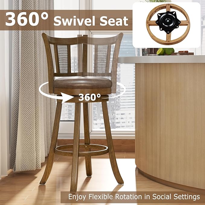 COSTWAY Barstools Set of 2, 30” Solid Rubber Wood Swivel Bar Chairs with Faux Leather Seat, Curved PE Rattan Back, for Living Room & Kitchen Island, Brown (2, 30” Seat Height)