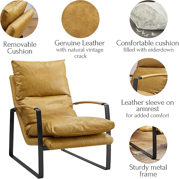 Art Leon Leather Accent Chair- Mid Century Modern Living Room Chair Leather Armchair Leather Lounge Chair with Black Metal Frame (Light Brown)