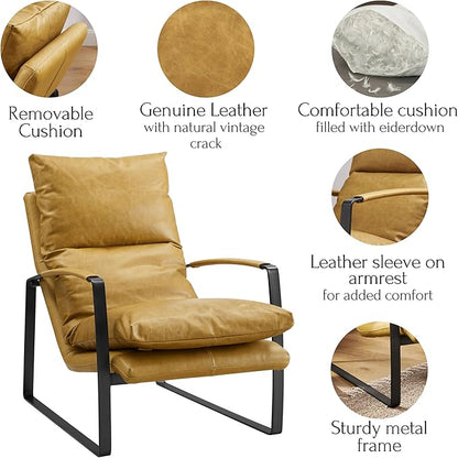 Art Leon Leather Accent Chair- Mid Century Modern Living Room Chair Leather Armchair Leather Lounge Chair with Black Metal Frame (Light Brown)