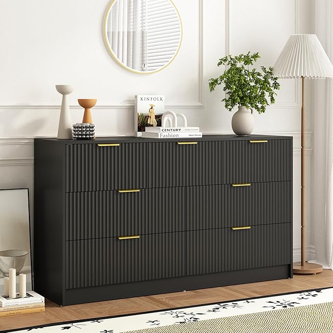 3-Piece Modern Bedroom Furniture Set, Wide 7-Drawer Dresser & 2-Drawer Nightstands Set of 2, Natural Wood Dresser and Nightstand Sets for Bedroom, Hallway, Black