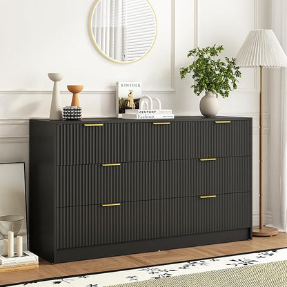 3-Piece Modern Bedroom Furniture Set, Wide 7-Drawer Dresser & 2-Drawer Nightstands Set of 2, Natural Wood Dresser and Nightstand Sets for Bedroom, Hallway, Black