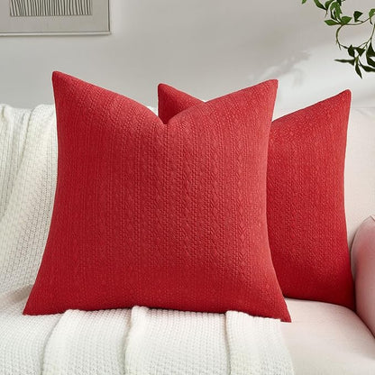 FUTEI Christmas Red Chenille Throw Pillow Covers 18x18 Inch Set of 2,Soft Striped & Diamond Textured Cushion Cases,Modern Home Decor for Couch Living Room