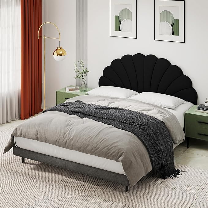 Queen Size Headboard Only, Petal Wall Mount Headboard Queen/Full Size for Adjustable Bed Velvet Upholstered Head Board Easy Assembly, Black