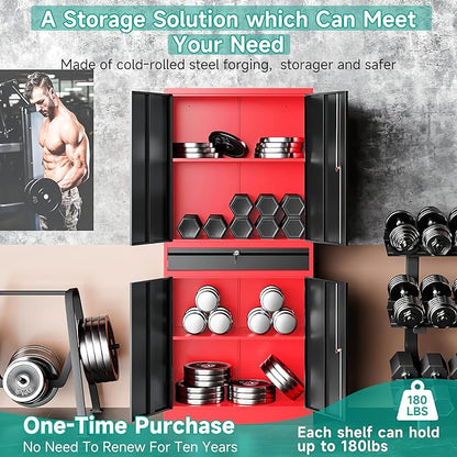 Metal Storage Cabinet with Drawer and Lock,Garage Storage Cabinet with Locking Doors and Shelves,71" Black Red Metal Cabinets,Lockable Steel Tool Cabinets for Garage,Home,Office,Shop