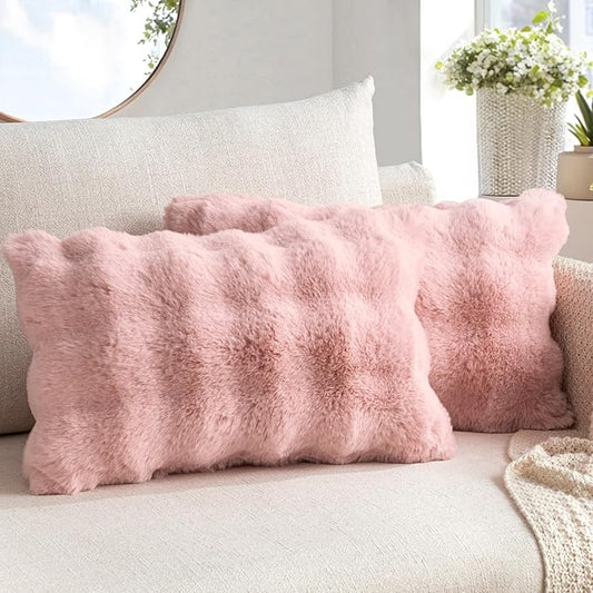 MIULEE Faux Fur Pillow Covers Thick Soft Plush Lumbar Throw Pillows Luxury Home Decor for Couch Bed Bedroom Living Room Sofa,12x20 Inch Pack of 2 Light Pink