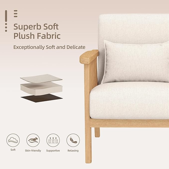 Mid-Century Modern Accent Chair, Linen Armchair and Lounge Chair with Lumbar Pillow, Wide Seat & Solid Wood Frame for Living Room, Bedroom or Balcony（Beige）