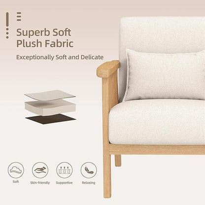 Mid-Century Modern Accent Chair, Linen Armchair and Lounge Chair with Lumbar Pillow, Wide Seat & Solid Wood Frame for Living Room, Bedroom or Balcony（Beige）
