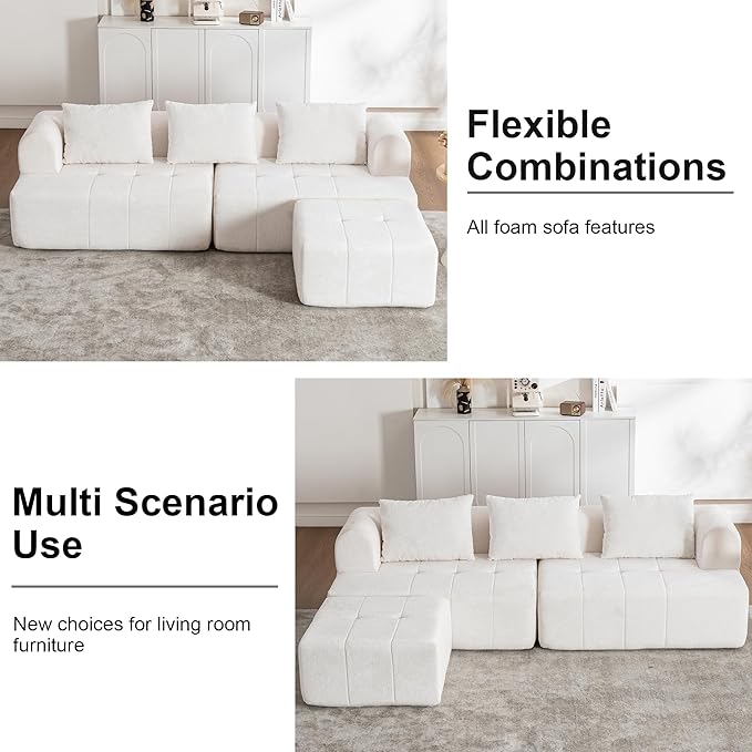 95" Modern Cloud Sectional Sofa Couch, Modular L-Shaped Sofas with Deep Seat and Chaise Ottoman, Chenille Boneless Tufted Couches for Living Room, No Assembly Required, Ivory