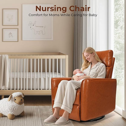 Homdox Power Recliner Chair Swivel Glider with Massage and Heat, Living Room Nursery Reclining Chair with USB, Faux Leather, for Small Spaces, Orange-Brown