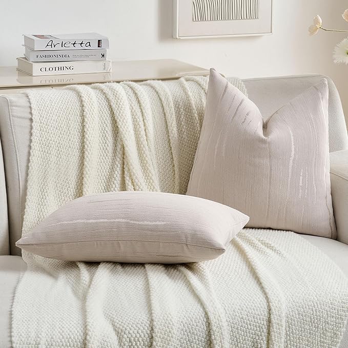 FUTEI Beige Chenille Decorative Throw Pillow Covers 16x16 Inch Set of 2,Soft Embossed Striped Textured Cushion Case,Modern Home Decor for Couch Bed Living Room