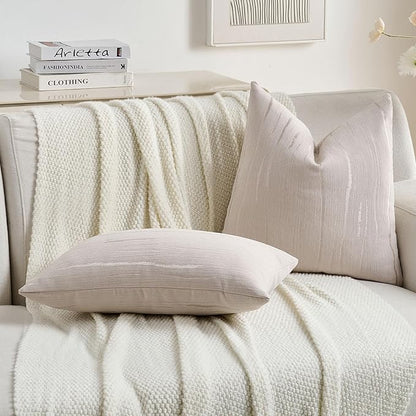 FUTEI Beige Chenille Decorative Throw Pillow Covers 16x16 Inch Set of 2,Soft Embossed Striped Textured Cushion Case,Modern Home Decor for Couch Bed Living Room