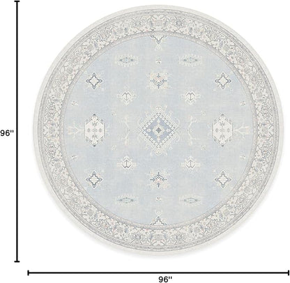 RUGGABLE Washable Vintage Area Rug – Verena Soft Blue 8 ft Round, Stain-Resistant, Non-Slip – Large Machine Washable Rugs for Living Room, Bedroom, Hallway, Entryway & Office–with Standard Pad