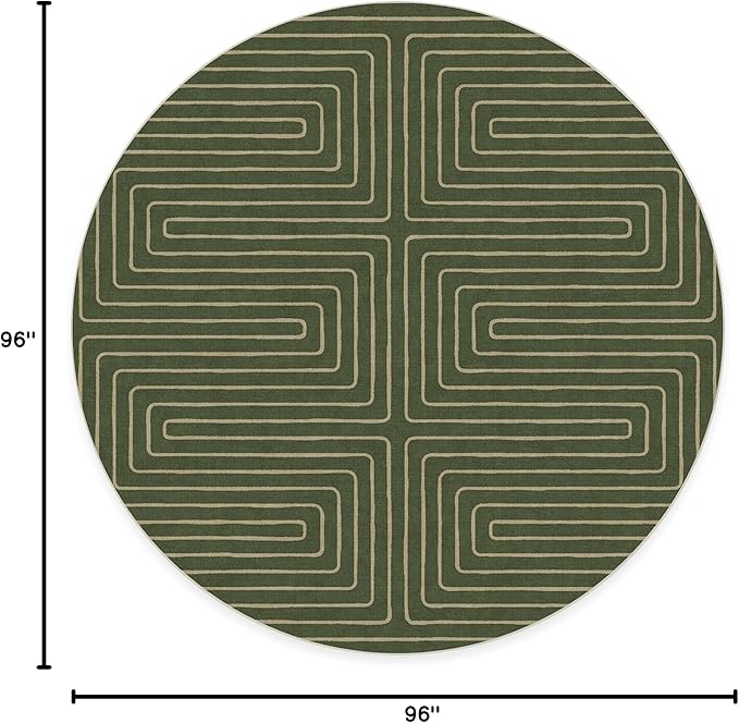 RUGGABLE x Jonathan Adler Machine Washable Area Rug – Labyrinth Fern Green 8 ft Round, Stain-Resistant, Non-Slip – Large Rugs for Living Room, Bedroom, Hallway, Entryway & Office–with Standard Pad