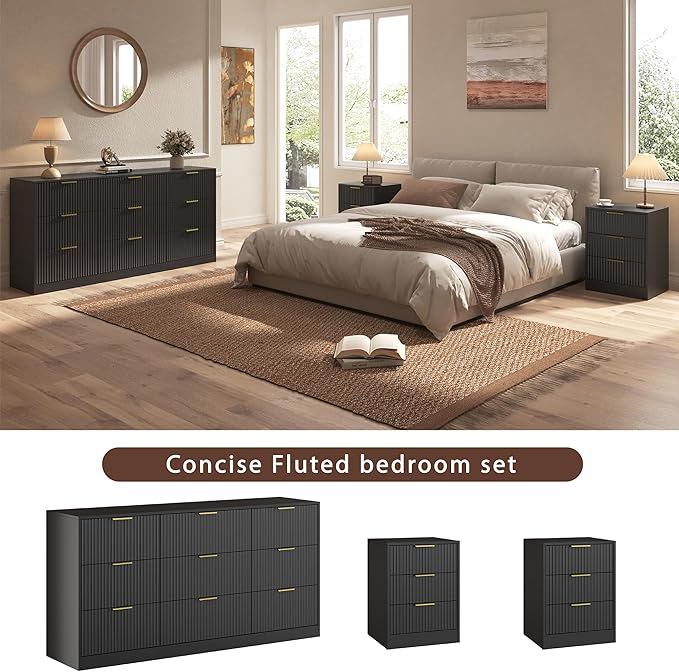 3-Piece Modern Bedroom Furniture Set, Wide 9-Drawer Dresser & 3-Drawer Nightstands Set of 2, Natural Wood Dresser and Nightstand Sets for Bedroom, Hallway, Black