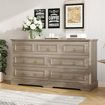 Maupvit Dresser, Vintage Design Wood Rustic Chest of Drawers with Natural Texture, Sturdy & Durable Farmhouse Dresser, Ideal Storage Dressers for Living Room (Grey, 7 Drawers)