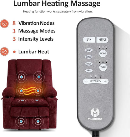 MCombo Dual Motor Power Lift Recliner Chair with Massage and Heat for Elderly People, Infinite Position, USB Ports, Cup Holders, Fabric 7890 (Medium, Burgundy)