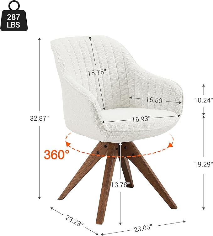 Zouron Mid Century Modern Accent Chair with Oak Wood Legs, Upholstered Swivel Chair No Wheels, Side Accent Armchair Vanity Chair for Small Space Home Office Living Room Bedroom, Ivory