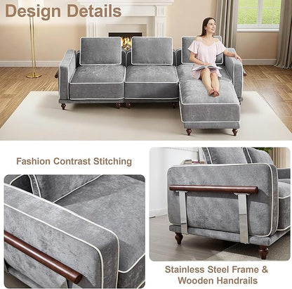 112" 3 Seater Cloud Couch with Ottoman,Modular Sectional L Shaped Sofa with Armrests Wooden Legs,Oversized Deep Seat Comfy Thicked Cushion Upholstered Sofa for Living Room Bedroom,Light Grey