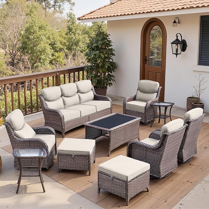 Belord Luxury 6" Thick Cushioned 10 Pieces Patio Furniture Set with Outdoor Couch, Wicker Outdoor Conversation Set with High Back Swivel Rocker Chairs for Deck Porch Yard and Poolside - Brown+Beige
