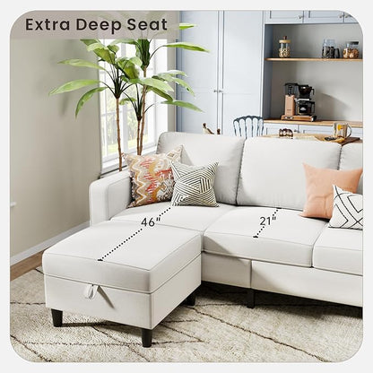 Sectional Sofa and Couches for Living Room, 78'' Beige 3 Seat L-Shaped Couch with Movable Ottoman, Comfy Linen Convertible Sectionals Sofas with Chaise for Apartment, Office, Small Space