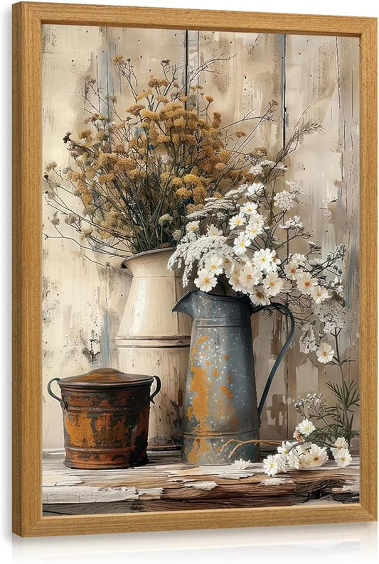 HLXRAE Rustic Farmhouse Bathroom Wall Art, Vintage Country Floral Still Life Wall Decor, White Daisy Canvas Painting, Shabby Chic Flower Poster Print for Bedroom Kitchen Wood Framed 12x16 inch