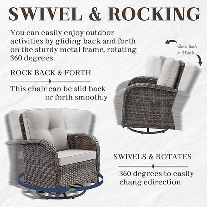 HUMMUH 7 Piece Patio Furniture Set with Fire Pit Table,Wicker Patio Swivel Rocker Outdoor Chairs 3-Seat Sofa for Porch,Poolside,Deck
