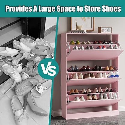 Shoe Storage Cabinet for Entryway with 3 Flip Drawers, Sturdy Wood Hidden Shoe Storage, Freestanding Narrow Slim Shoe Organizer for Front Door Entrance, Living Room, Hallway, Bedroom, Pink