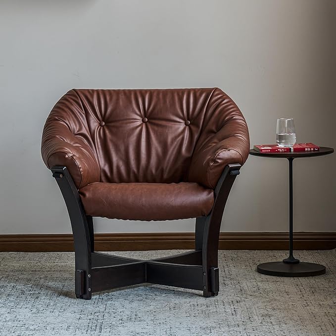 Mid-Century Modern Leather Lounge Chair, Solid Wood Frame, Comfortable upholstered Sofa Armchair
