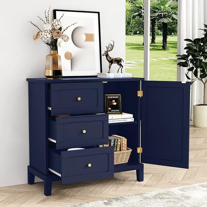 HLR Accent Cabinet with 3 Drawers and Door, Wooden Storage Cabinet with Shelves, Sideboard for Living Room, Entryway, Navy Blue