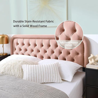 BeyetseaTufted Upholstered Pink Full Headboard only-Button Solid Wood HeadBoards with Adjustable Height-Modern Velvet Padded Bed Head Boards-Easy Install&Nailhead