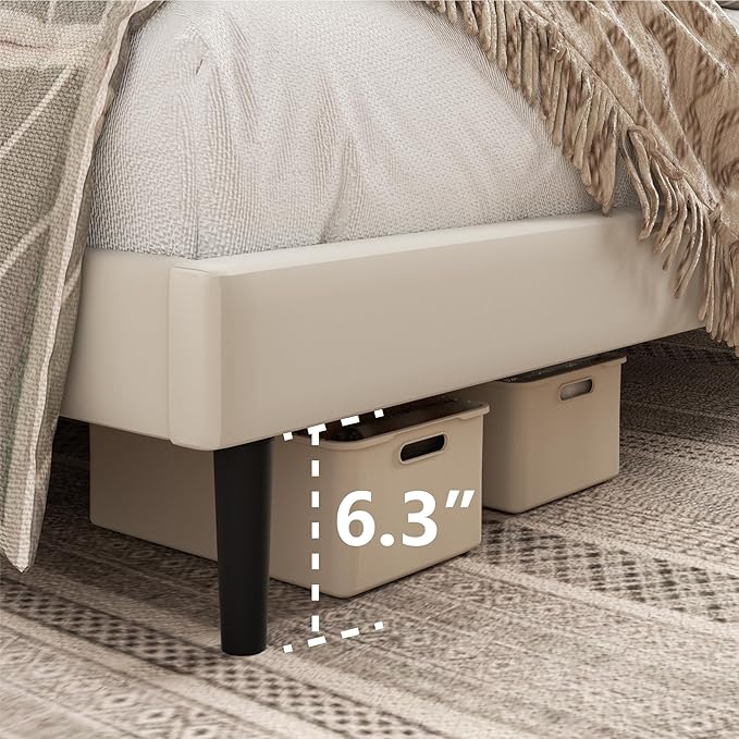 King Size Bed Frame,King Size Platform Bed Frame and Velvet Upholstered Headboard with Strong Wood Slats, Box Spring Optional, Mattress Foundation, Easy Assembly Beige