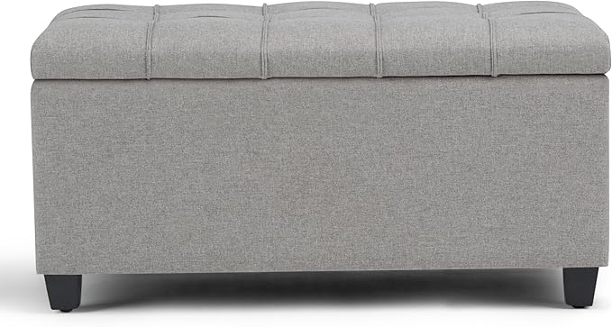 SIMPLIHOME Sienna Storage Ottoman Bench - 33 inch Wide Upholstered Linen Look Fabric Rectangle Storage Ottoman Bench in Fawn Brown, Transitional Tufted Ottoman for Living Room with Lift Top
