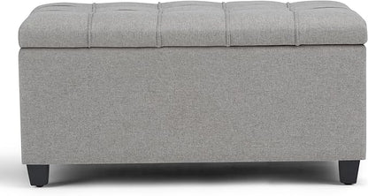 SIMPLIHOME Sienna Storage Ottoman Bench - 33 inch Wide Upholstered Linen Look Fabric Rectangle Storage Ottoman Bench in Fawn Brown, Transitional Tufted Ottoman for Living Room with Lift Top