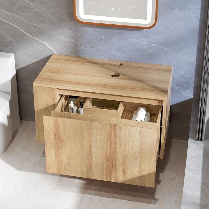 30 Inch Floating Bathroom Vanity with Sink – Wall-Mounted Vanity with Hidden Drawer, Natural Wood Finish, Modern Vessel Sink Vanity for Bathroom(Nature Without Sink, 30")