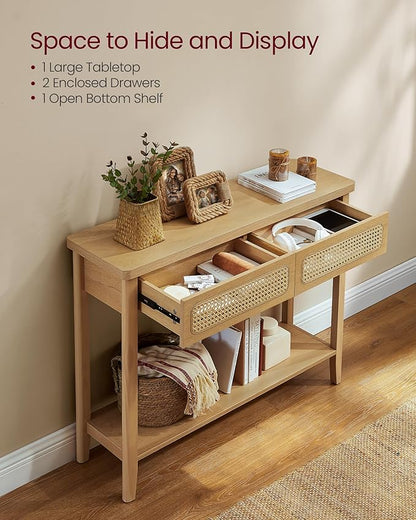 VASAGLE Console Table, Sofa Table, Narrow Entryway Table with 2 Drawers, Open Storage Shelf, Rounded Corners, for Living Room, Boho Style, Oak Beige ULNT016Y57V1