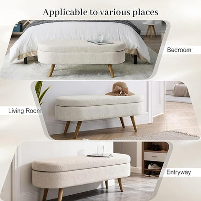 Storage Ottoman Bench 43" Ottoman Bench for Bedroom, Upholstered Boucle Fabric Footrest End of Bed with Safety Hinge Solid Wood Legs Foot Stool Storages Benches for Living Room Entryway, Beige