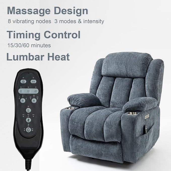 Power Lift Recliner Chair, 350lb Capacity with 8-Point Massage & Heating, USB/Type-C Ports & Cup Holders, Heavy Duty Chenille Recliner for Elderly, Blue Grey