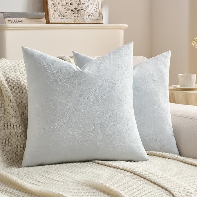 FUTEI Light Blue Velvet Throw Pillow Covers 24x24 Inch Set of 2,Soft Embossed Leaf-Relief Textured European Cushion Cases,Natural Home Decor for Couch Living Room