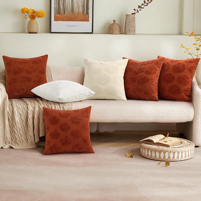 decorUhome Decorative Beige Pumpkin Thanksgiving Throw Pillow Covers 20x20 Set of 2, Soft Chenille Jacquard Farmhouse Textured Pillow Covers for Couch Bed Sofa Autumn Harvest Halloween Holiday