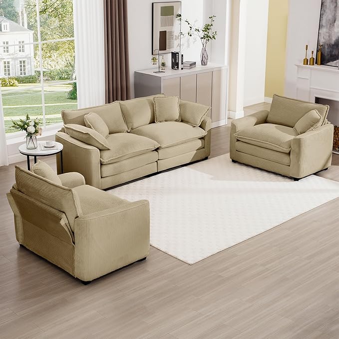 mikibama Luxury 3 Piece Sofa Set, Loveseat Couch & 2 Single Sofa Set, Modern Corduroy Comfy Cloud Couches Set for Living Room Office with 2 Armrest Pillows and 4 Toss Pillows, Camel