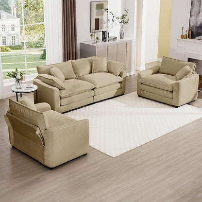 mikibama Luxury 3 Piece Sofa Set, Loveseat Couch & 2 Single Sofa Set, Modern Corduroy Comfy Cloud Couches Set for Living Room Office with 2 Armrest Pillows and 4 Toss Pillows, Camel