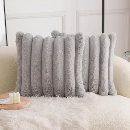 Neelvin Grey Faux Fur Cozy Soft Striped Decorative Throw Pillow Covers 20x20 inch Set of 2,Velvet Pillowcase Cushion Case for Sofa Couch