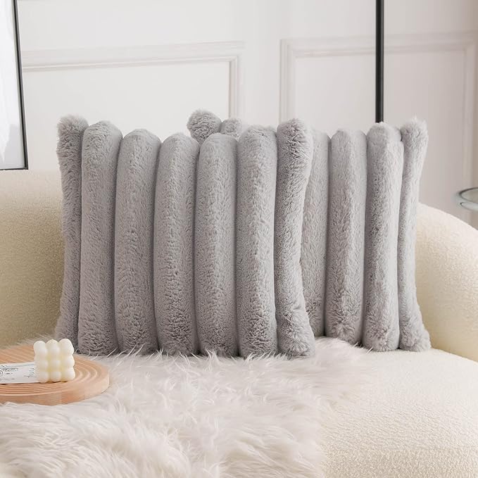 Neelvin Grey Faux Fur Cozy Soft Striped Decorative Throw Pillow Covers 22x22 inch Set of 2,Velvet Pillowcase Cushion Case for Sofa Couch